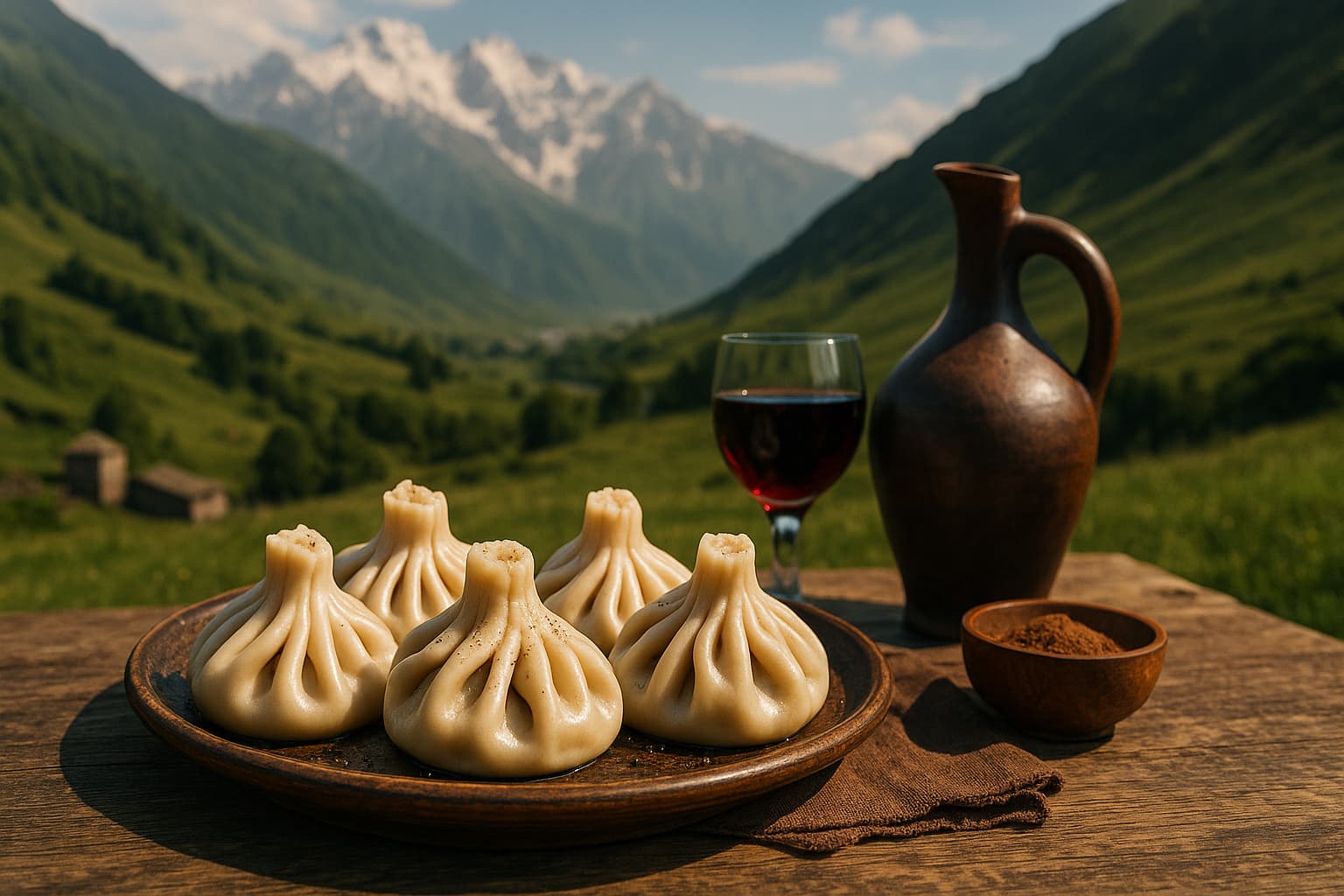 Khinkali tradizionali georgiani fatti a mano su un tavolo di legno con brocca di vino e montagne del Caucaso sullo sfondo